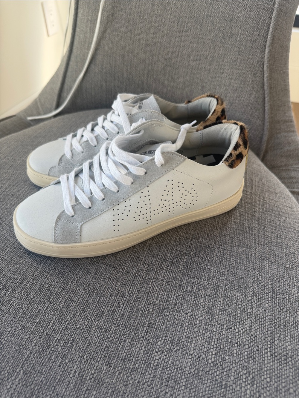 P448 White Leather Sneakers with Leopard Heel Accent